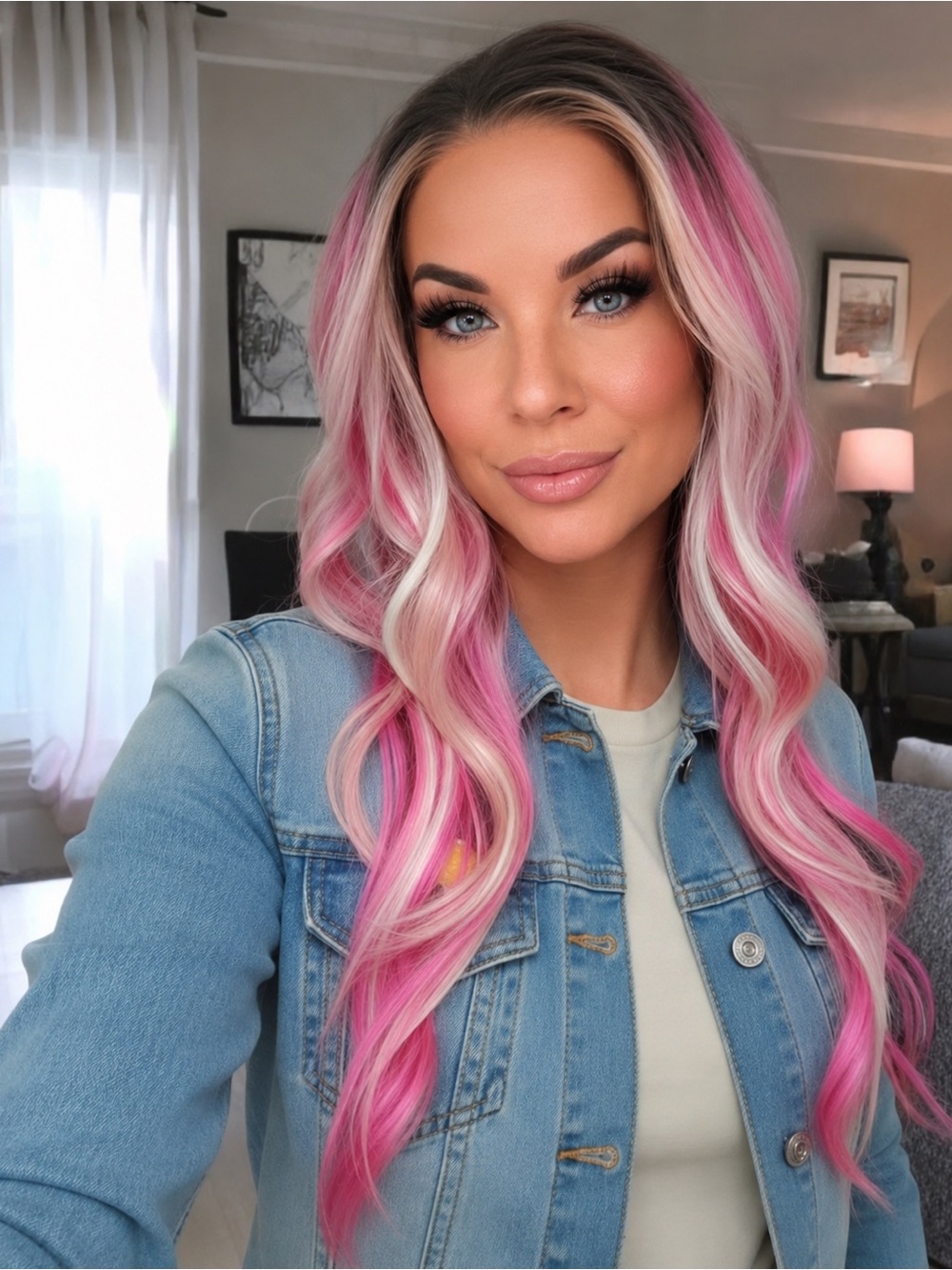 CSC Luxury Pink Ombre Wavy Lace Front Wig with Dark Roots
